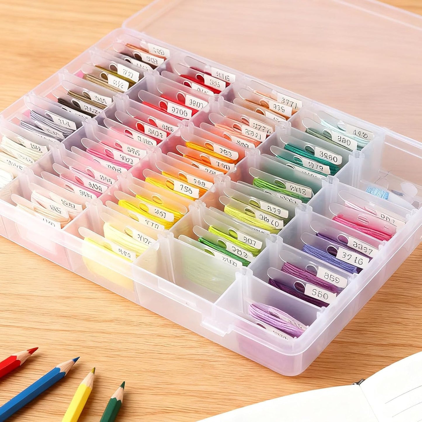 Embroidery Floss Organizer with 24 Compartments - Cross Stitch Thread Storage Box Includes 100 Plastic Bobbins, Stickers, Bobbin Winder for DIY Sewing Crafts