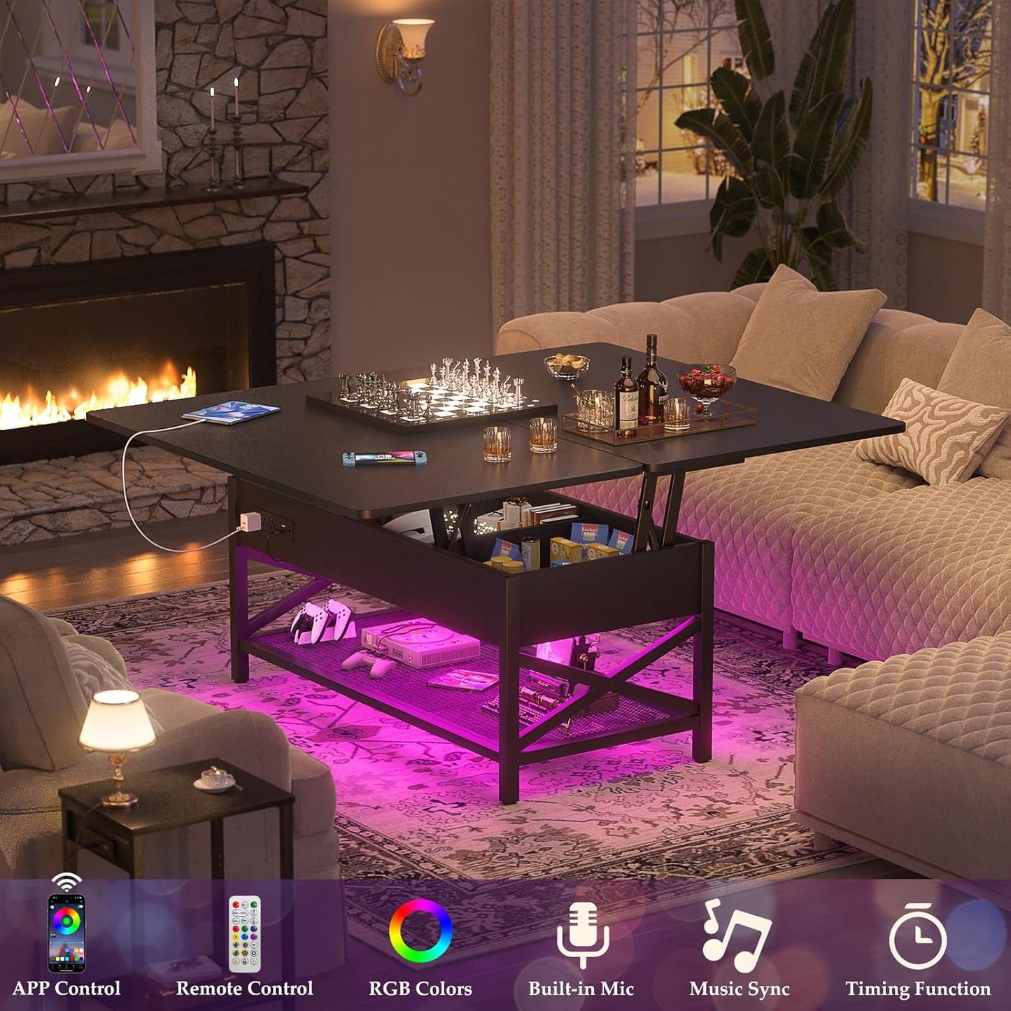 Aheaplus Coffee Table Lift Top Multi-Function Coffee Table Converts to Dining Table, with LED Light and Power Outlet, Center Table with Shelves for Living Room Reception Home Office, Black