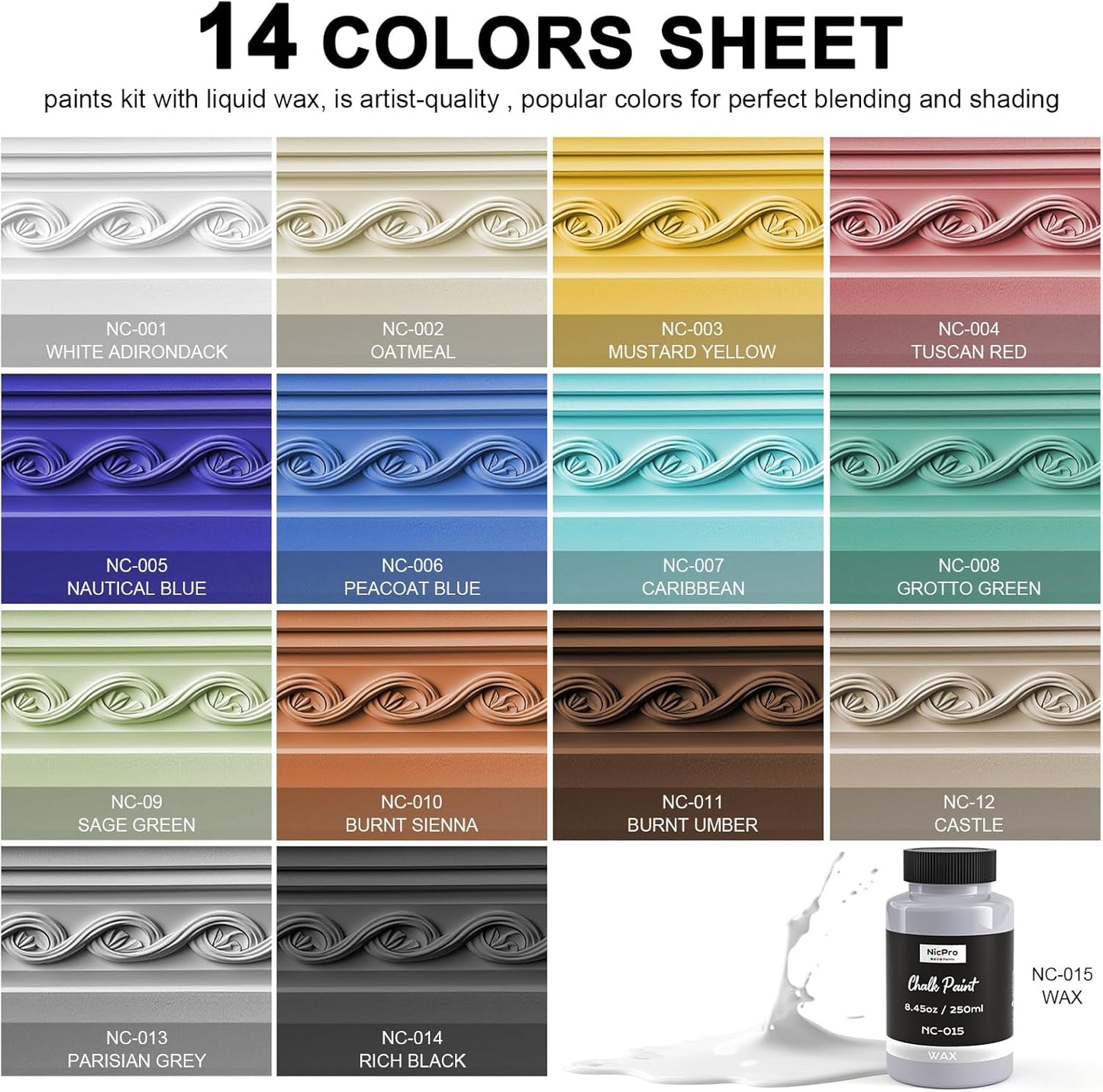 Nicpro 14 Colors Chalk Paint for Furniture, Ultra Matte Finish Acrylic Craft Paint Set (8.45 oz, 250ml) Chalk Furniture Paints with Liquid Wax, Color Wheel for Crafts, Home Decor, Beginner and Artists