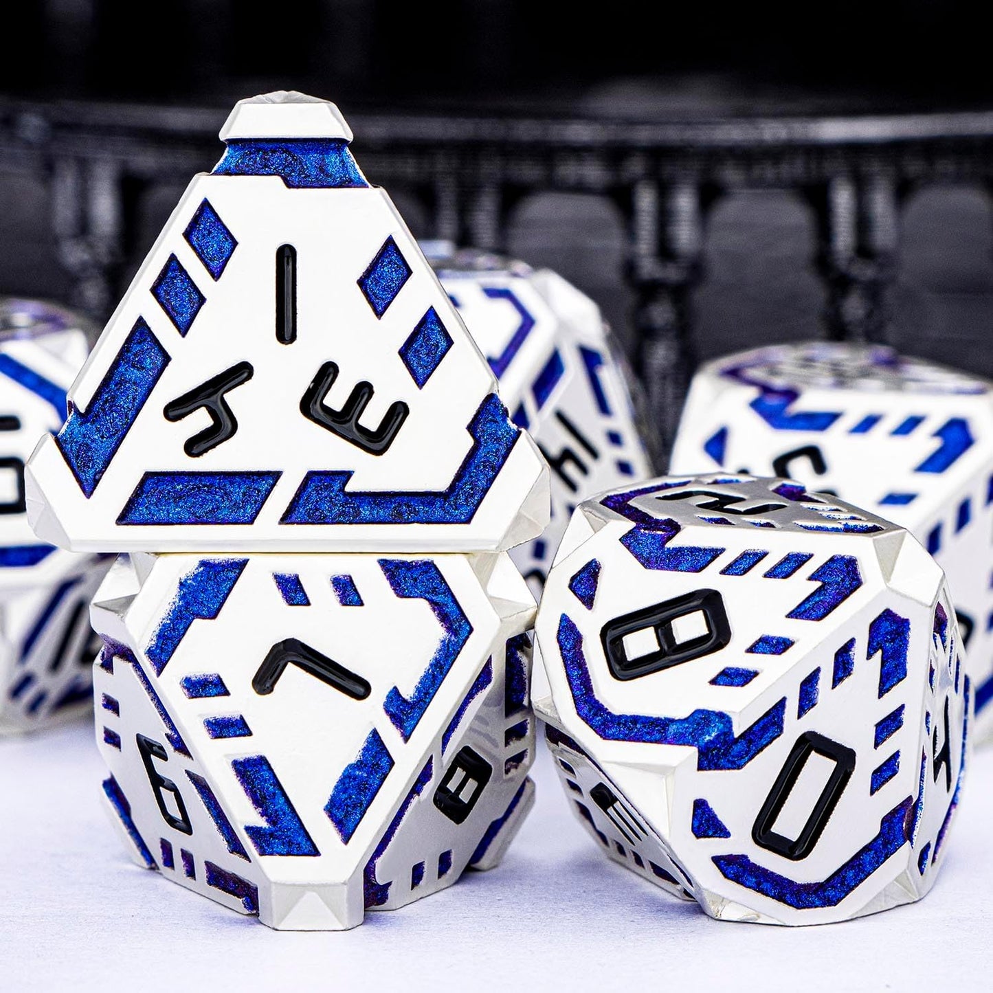 Metal DND Sci-fi Dice Set 7PCS Stripe Polyhedral Dice for Dungeons Dragons RPG Role Playing Game, Glitter D and D Dice with Gift Box D6 D8 D10 D12 D20 (Silver Blue)