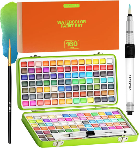 ARTISTRO Watercolor Paint Set 160 Colors - Vivid, Metallic & Neon, Portable Travel Set for Kids & Adults