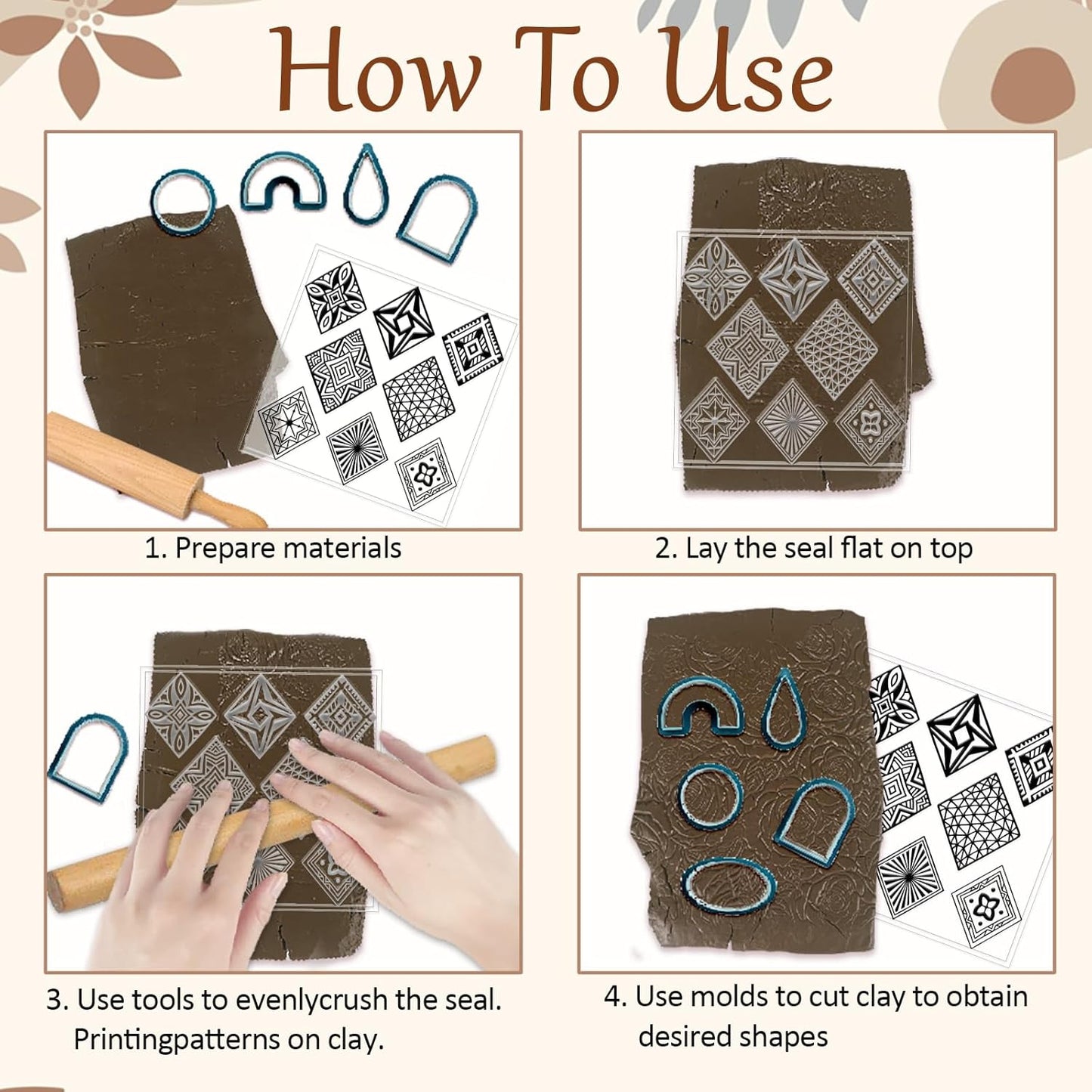 CHGCRAFT 4 Pcs Rhombus Pattern Polymer Clay Texture Sheets Abstract Art Silicone Texture Stamp Rhombus Flowers Modeling Pattern Pad Sheets for Jewelry and Earrings Tools, 5.5x5.5 inch