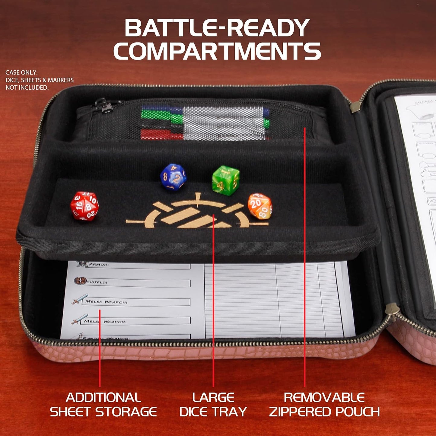 ENHANCE RPG Organizer Case - DnD Binder with Built-in Character Sheet Holder and Erasable Scribe Panel, Dice Rolling Area, Removable Pen Pouch, Miniature Foam Tray, Wrist Strap