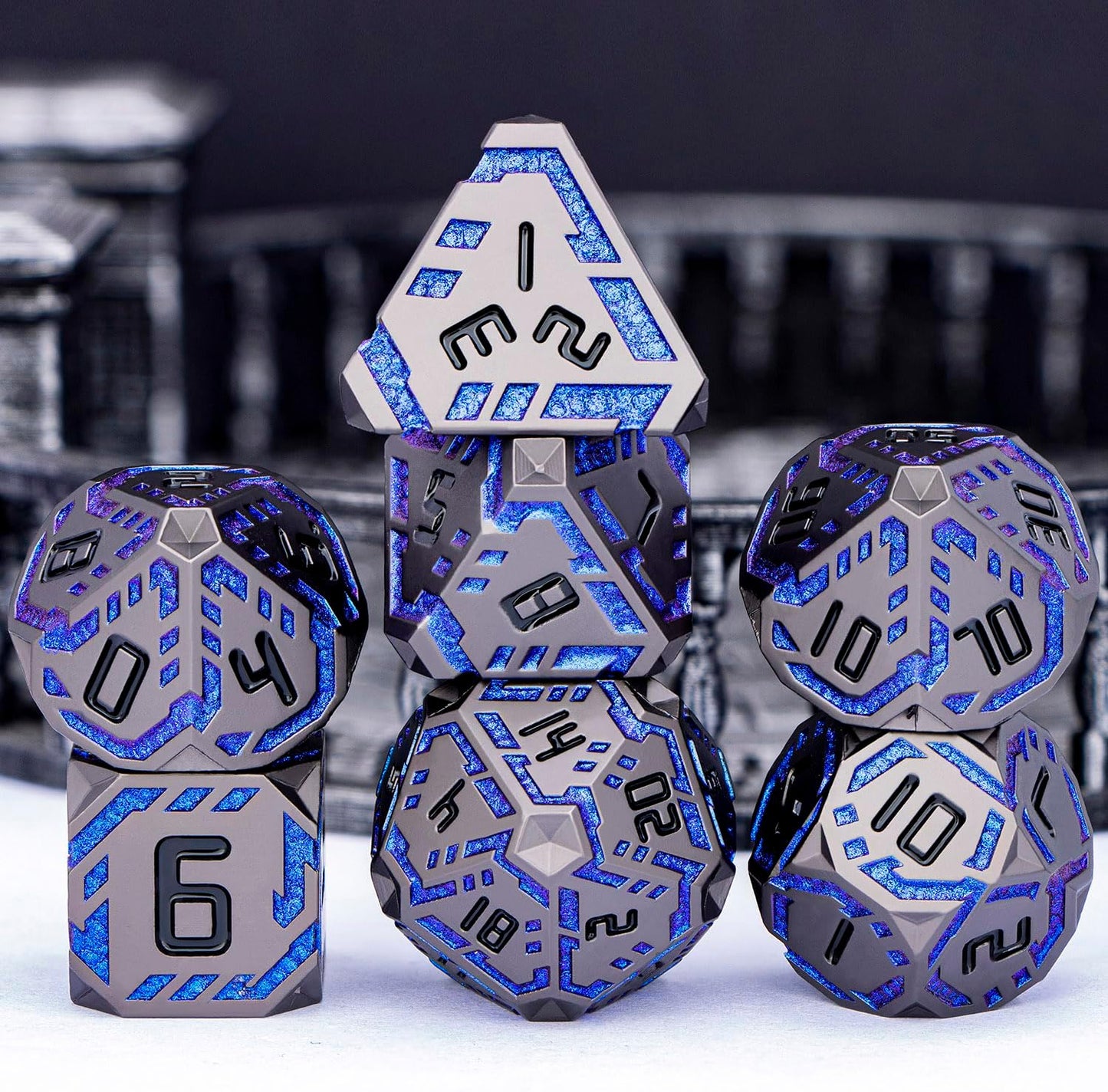 Metal DND Sci-fi Dice Set 7PCS Stripe Polyhedral Dice for Dungeons Dragons RPG Role Playing Game, Glitter D and D Dice with Gift Box D6 D8 D10 D12 D20 (Black&Blue Purple)