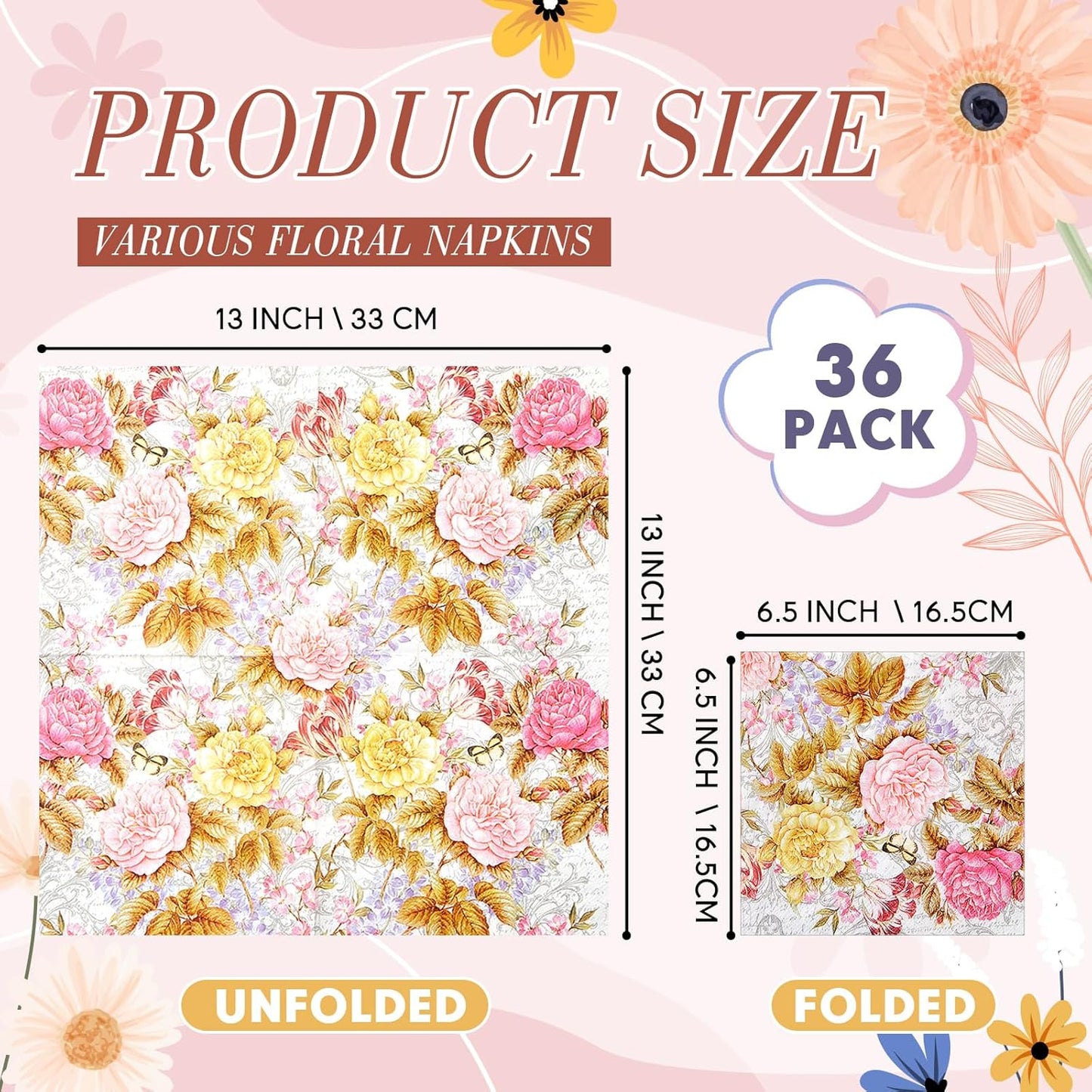 Crtiin 36 Pack 9 Styles Decoupage Napkins Assorted Floral Decorative Decoupage Napkins Chinoiserie Cocktail Paper for DIY Crafting Birthday Party, Each Unfolded 13 Inch(Rural Floral)