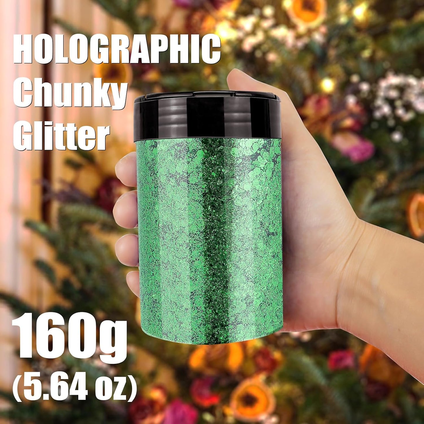 Chunky Glitter, 160G/5.64OZ Craft Glitter for Epoxy Resin, Mixed Fine Glitter & Chunky Glitter, Metallic Chunky Glitter for Hair, Nail Arts, Body, Bulk Glitter for DIY Tumbler Painting (Xmas Green)