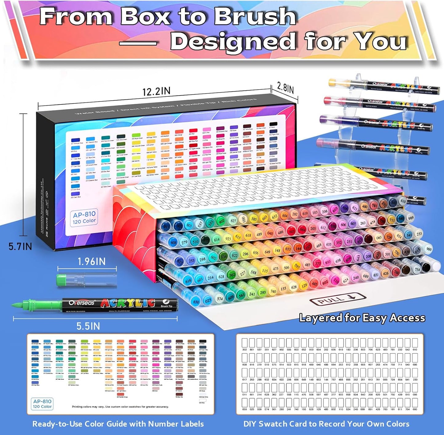 Overseas Acrylic Paint Markers 120 Colors, Brush Tip Paint Pens with Automatic Ink Control System, Quick Drying Liquid Ink Acrylic Marker for Rock, Wood, Canvas, Glass, Fabric, Metal, Plastic, Rubber