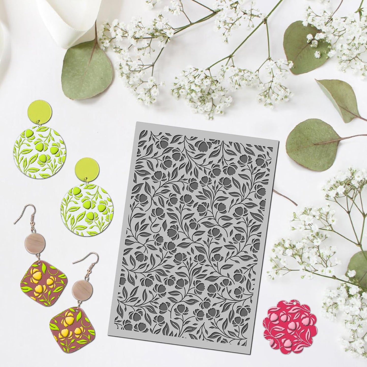Arbuya Floral Blossom Polymer Clay Texture Mat - Flowers Leaves Leaves Texture Sheet for Polymer Clay Jewelry Making, Earring Charms, DIY Craft Supplies