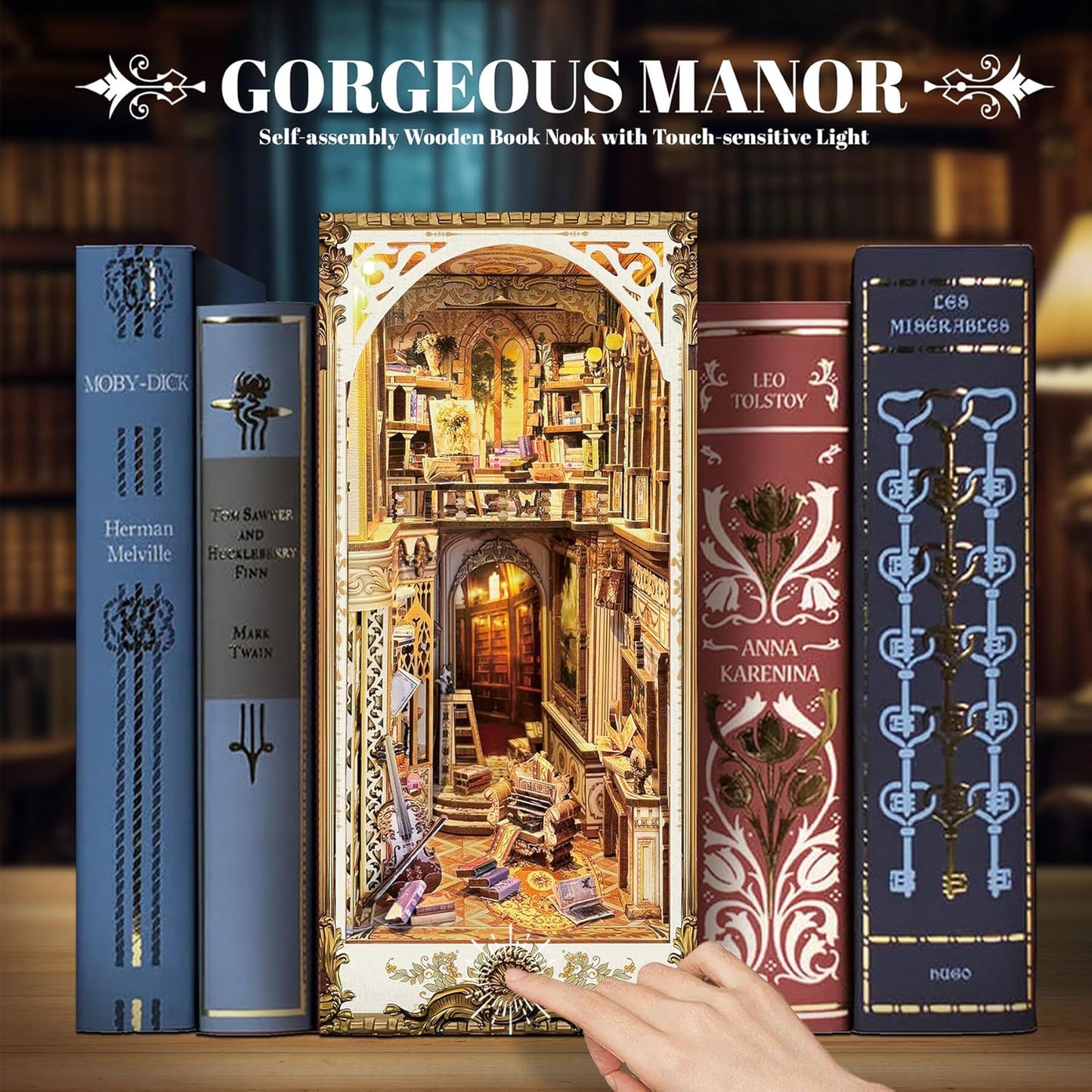 Book Nook Kit, DIY Miniature Dollhouse Kit Book Nook, 3D Wooden Puzzle Bookends for Bookshelf Insert Decor with LED Light for Teens and Adults (Baroque Dreams)