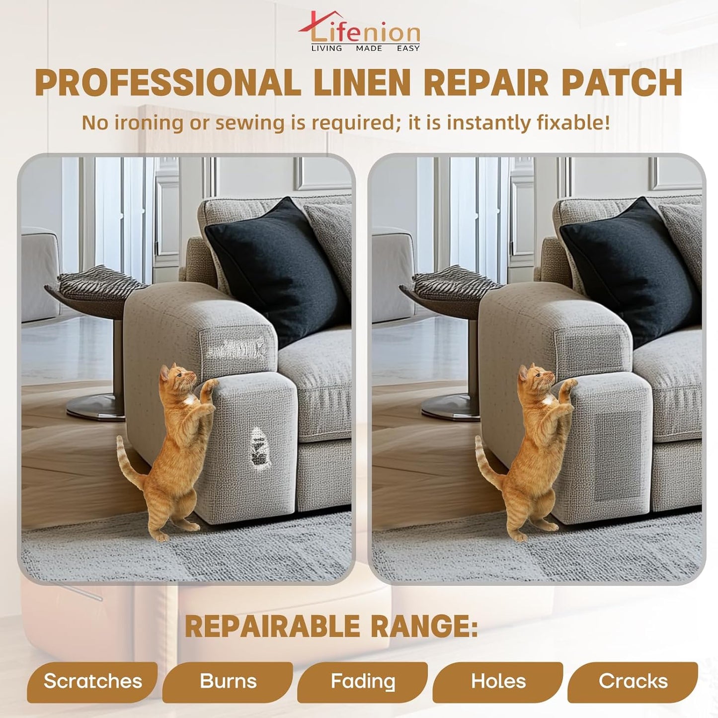 Fabric Repair Patches, 17X79 inch Linen Self-Adhesive Fabric Repair Tape, Strong Sticky Linen Patch for Sofas, Tote Bags, Clothing, Car Seats, Furniture（Brown, 17X79 inch）