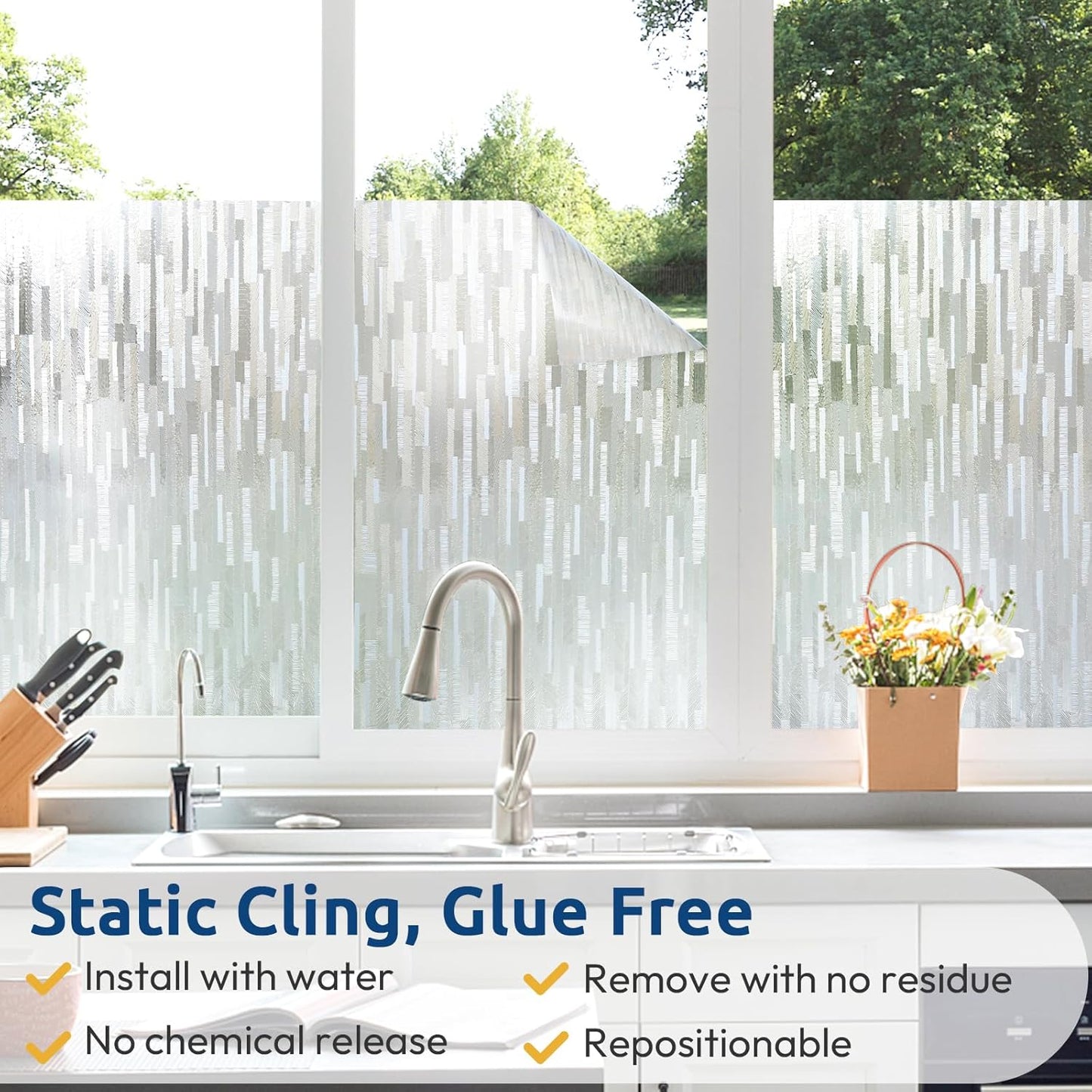 rabbitgoo Window Privacy Film, No Glue Frosted Glass Film, Static Cling UV Blocking Non Adhesive Reusable Heat Control Window Vinyl Clings for Home, Office, Frosted Silk, 11.8 x 118.1 Inches