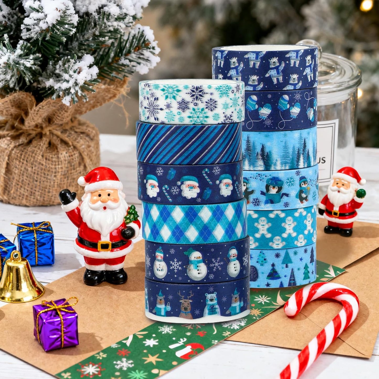 12 Rolls Winter Washi Tape Set Blue White Snowflake Snowman Holiday Masking Tape Xmas Tree Reindeer Penguin Holiday Decorative Tapes for Scrapbook Journal DIY Craft Gift Wrapping Party Decor 16.4FT