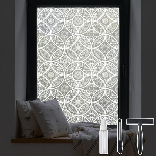 DKTIE Bohemian Decor Stained Glass Window Film with Installation Tools, Two-Way Window Privacy Film, Reduce Glare, Pure White, 17.7 x 118.1 Inch