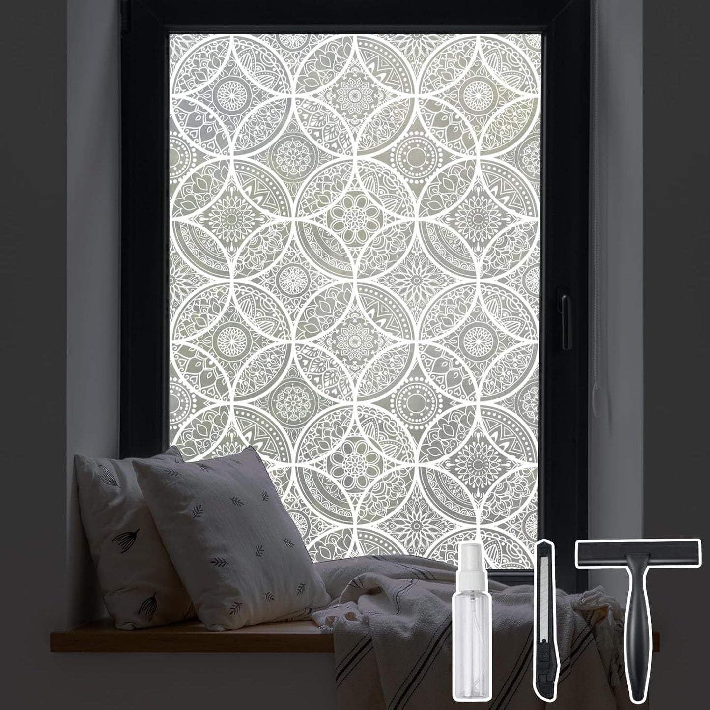 DKTIE Bohemian Decor Stained Glass Window Film with Installation Tools, Two-Way Window Privacy Film, Reduce Glare, Pure White, 35.4 x 78.7 Inch