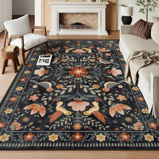 Morebes Washable Black Floral Rug 5x7, Flower Birds Area Rugs for Living Room Non Slip, Soft Low-Pile Indoor Floor Insect Print Throw Carpet for Bedroom Dining Playroom Home Office, Black/Multi