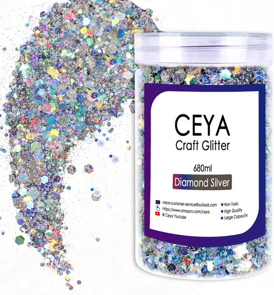 Ceya Holographic Chunky Glitter, 1 LB/ 16OZ Laser Diamond Silver Bulk Craft Glitter Mixed Chunky Fine Glitter Bottled Metallic Flake Nail Sequins for Resin, Tumblers, Scrapbooking, Festival Decor, Art