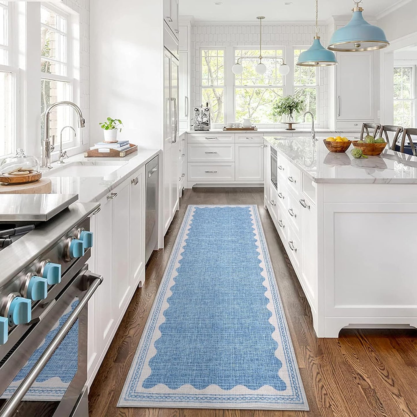 Scalloped Rug 2.5x10 Runners for Hallways, Solid Blue Non Slip Scalloped Bath Runner, Washable Rug for Bedroom Girls, Rugs for Kitchen Floor Soft Dorm Nursery Carpet for Bedside