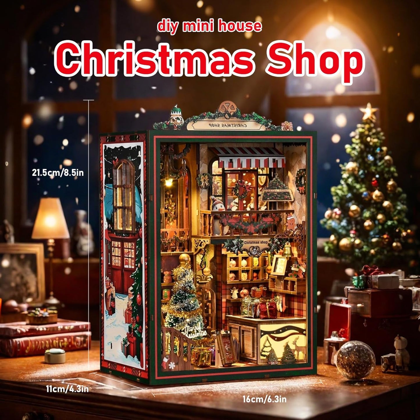Book Nook Kit - DIY Miniature Dolls House Kit with Furniture and LED Light, 3D Puzzle Wooden Art Bookends, Model Kits for for Adults and Teens (Christmas Shop)