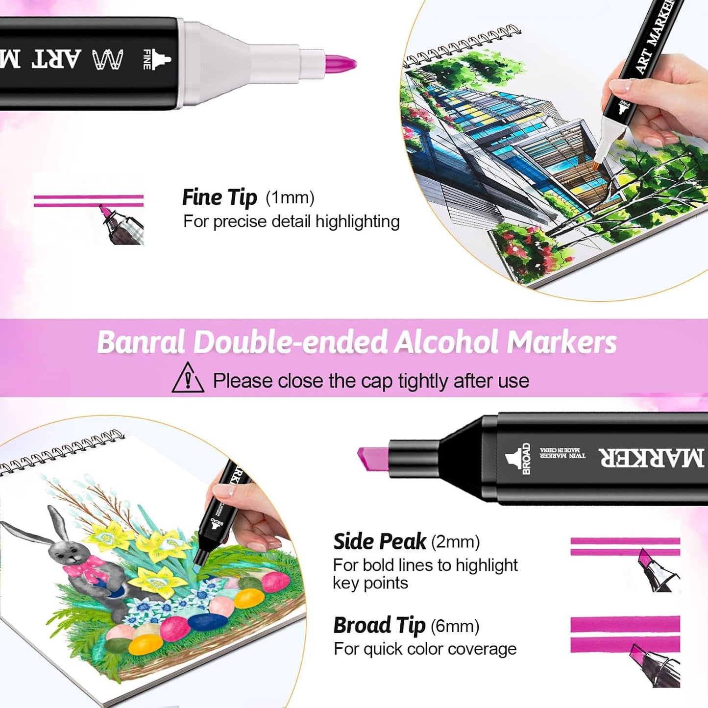 Banral Alcohol Markers, 24 Colors Dual Tip Alcohol Based Art Marker Set for Artists Adults, Permanent Drawing Pens for Adult Coloring Sketching Illustration