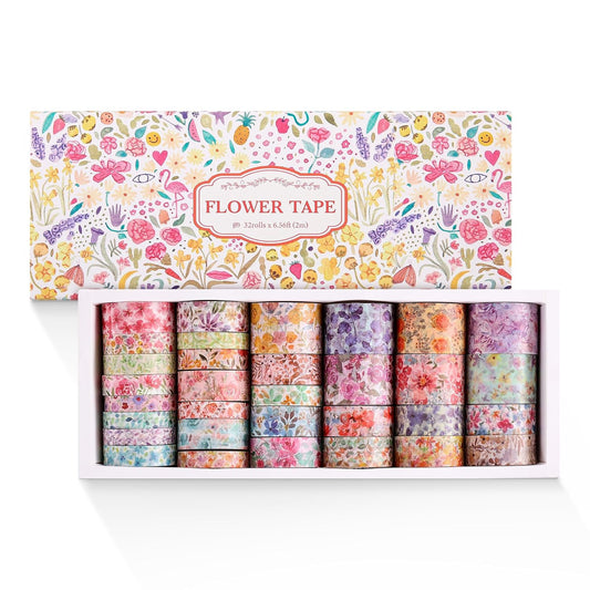 32 Rolls Washi Tape Set, Colored Floral Decorative Masking Tape, Artists Tapes for Junk Journal, Journaling, DIY Craft Projects, Scrapbooking Supplies Decor