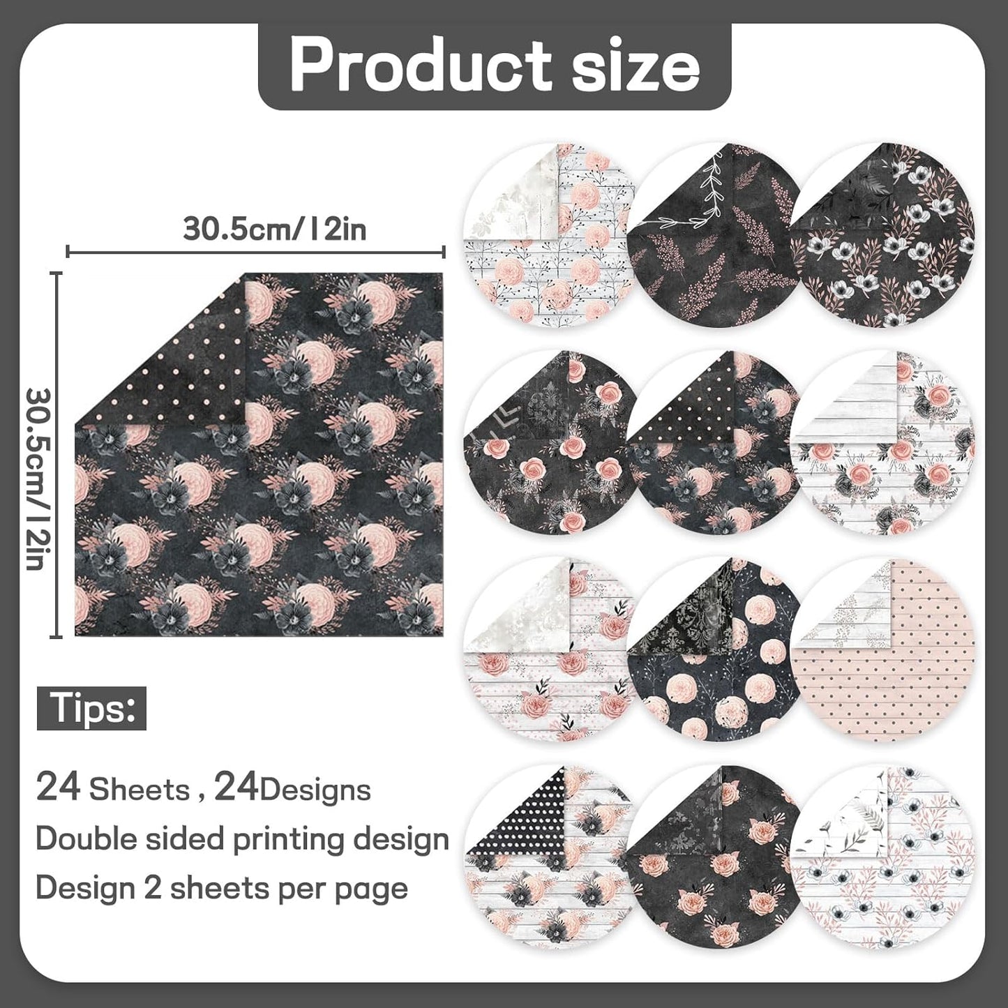 Scrapbook Paper 12x12 inch, 24 Sheets DIY Origami Decorative Craft, Double sided printing, Photo Album Decor Wooden-free Paper for Gift Wrapping Card Making Collage Album Decorative (Black)