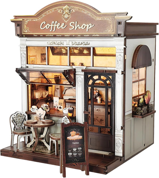 DIY Miniature House Kit, Coffee Shop Book Nook Kit, Mini Building Kit, Dollhouse Kit for Adults and Teens, 3D Wooden Puzzles with LED Light, Craft Kit for Family and Friends(Retro Coffee Shop)