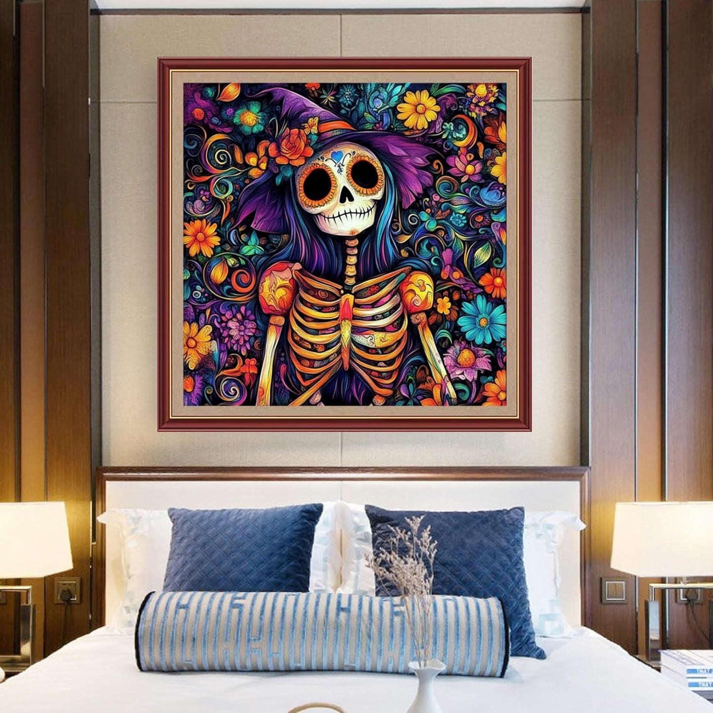 DMCXART Counted Cross Stitch Kits for Adults Needlepoint Kits Unprinted Cross Stitching Embroidery Kit 11CT Cross Stitch Supplies-Magical Flower Skull 18x18 inch