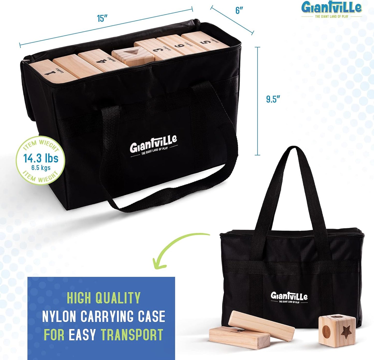 Giantville Giant Tumbling Timber Toy - Premium Pine Wood Life-Size Blocks Tower - Big Floor/Board Indoor/Outdoor Yard Game for Kids & Adults - 54-Pieces + Dice + Carry Bag - Grows to Almost 4-Feet