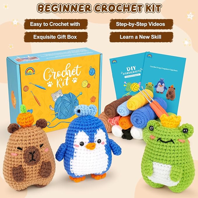 Fortuning's JDS Crochet Kit for Beginners, Crochet Animal Kit Includes Penguin, Capybara & Frog, Complete Starter Kit for Adult and Kids, DIY Craft Crochet Kits, Easy Knitting Kit Christmas Gifts
