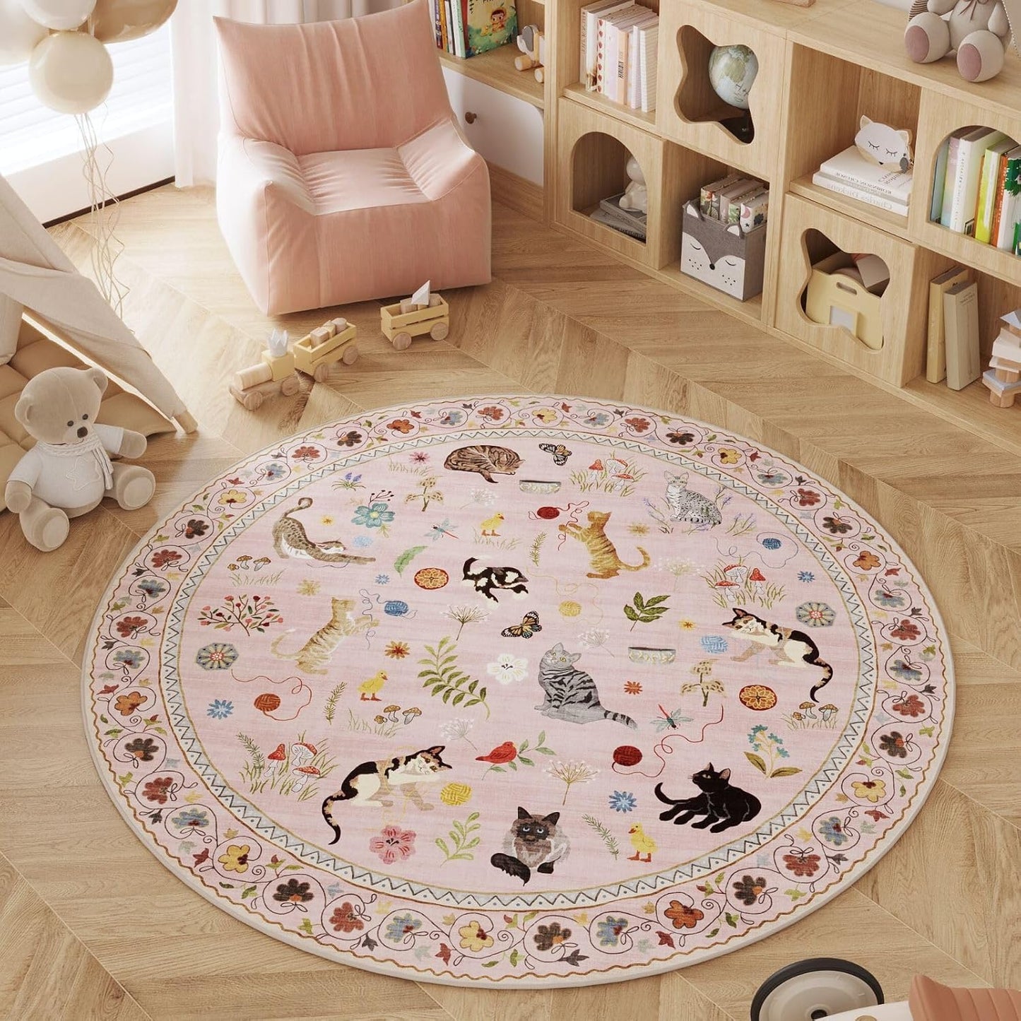 Rugcomf Round Rug 4ft Washable Circle Rug Non Slip Low Pile Boho Floral Animal Cat Small Circular Rug for Bedroom Bathroom Entryway Kids Room Office College Dorm, Pink