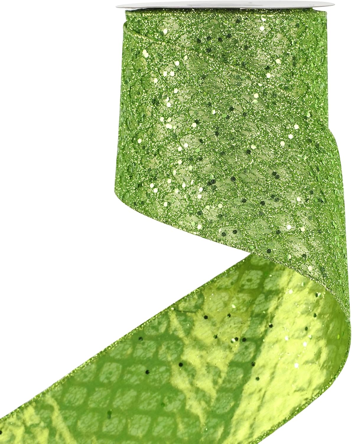 HUIHUANG Lime Green Glitter Wired Ribbon - 4 inch x 10 Yards (30 Feet) - Polyester Material - Perfect for Christmas, Halloween & More - Geometric Pattern - Wired Edges for Easy Shaping
