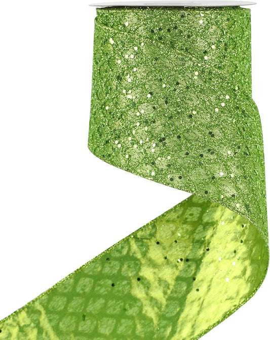 HUIHUANG Lime Green Glitter Wired Ribbon - 4 inch x 10 Yards (30 Feet) - Polyester Material - Perfect for Christmas, Halloween & More - Geometric Pattern - Wired Edges for Easy Shaping