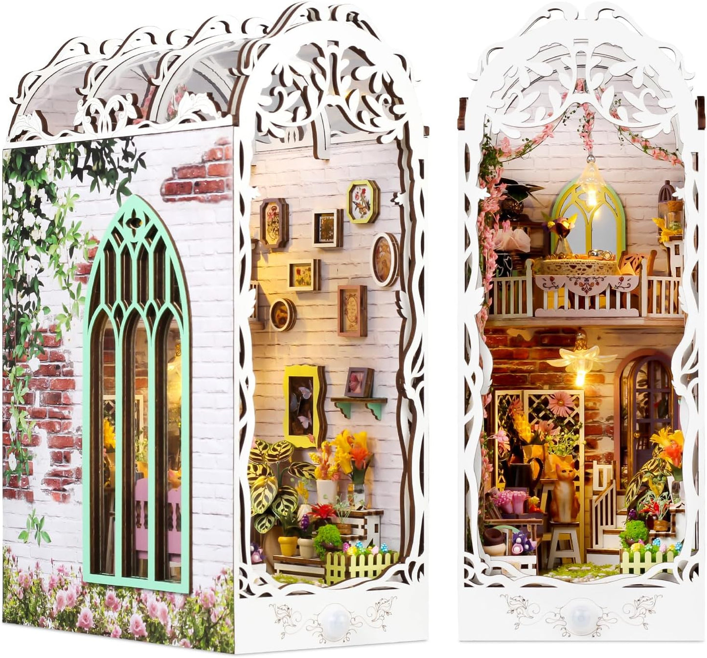 Book Nook Kit - DIY Miniature Dollhouse Kits for Adults, Booknook Bookshelf Insert with LED Light, 3D Wooden Puzzle Bookend Insert, Hobbies Gifts for Family and Friends, Flower House