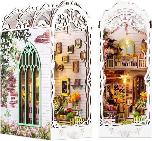 Book Nook Kit - DIY Miniature Dollhouse Kits for Adults, Booknook Bookshelf Insert with LED Light, 3D Wooden Puzzle Bookend Insert, Hobbies Gifts for Family and Friends, Flower House