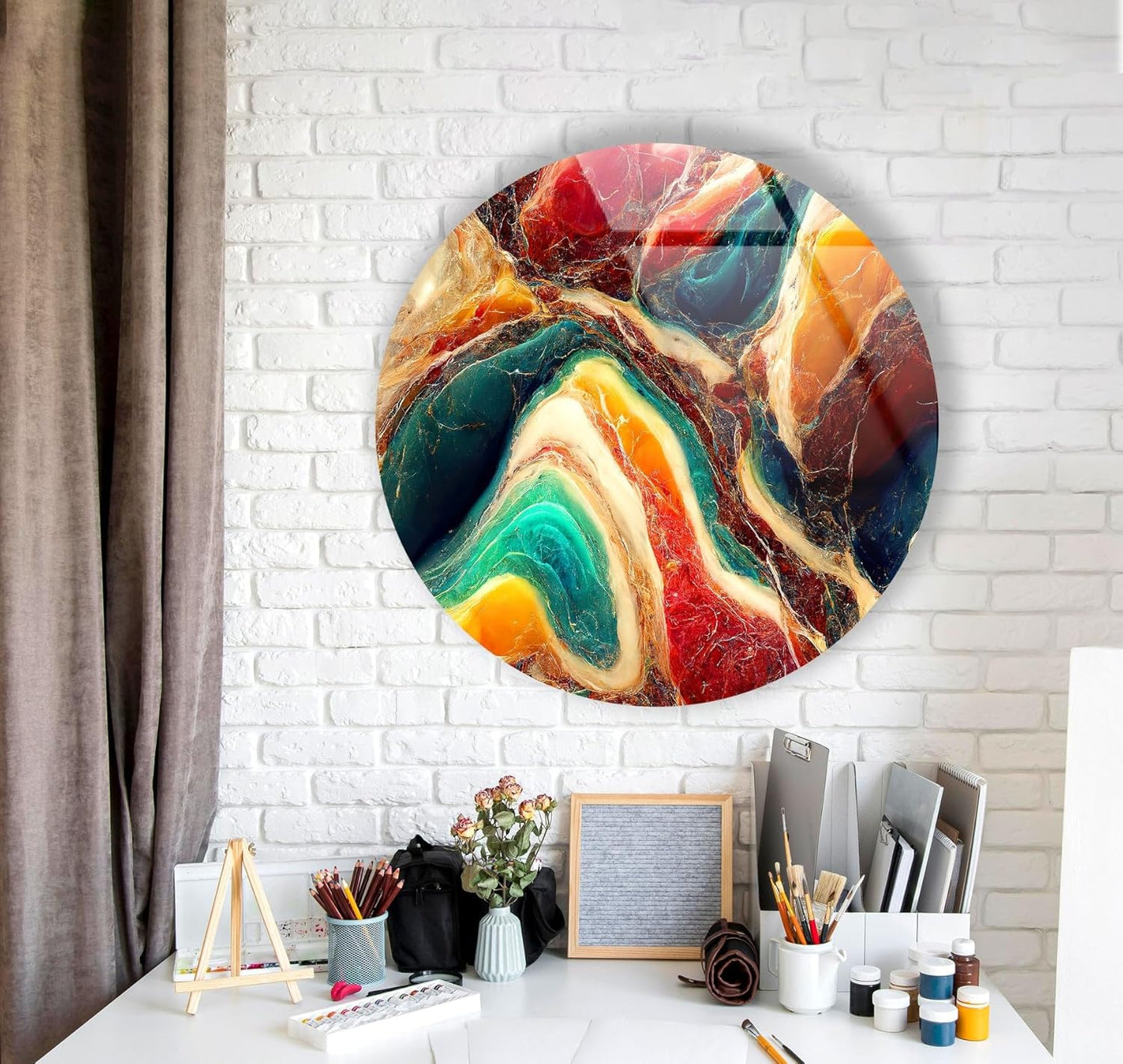 My Photostation.com 31.5''(80cm) Diameter Colorful Marble Swirl Round Wall Art Abstract Glass Decor with Earthy Tones & Gemstone Texture