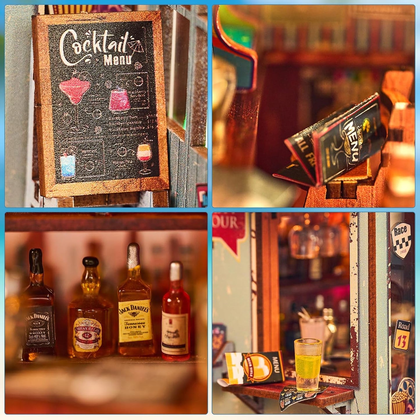 DIY Book Nook Kit, Miniature Dollhouse Bookshelf Insert with Light, Laser-Cut Wooden Craft Set for Adults, Perfect for Teens and Adults, Beach Bar