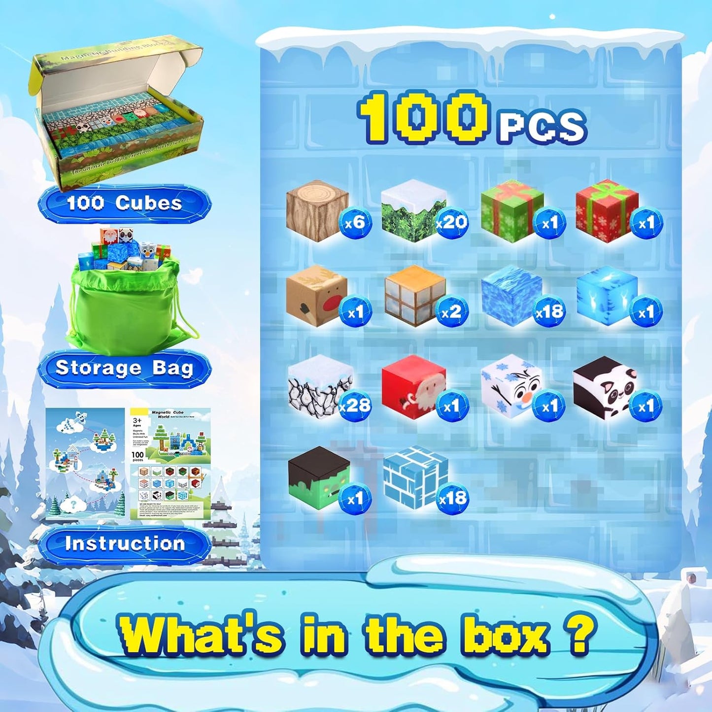 Aleath 100PCS Magnetic Building Blocks-for Kids, Chirstmas Build Magnet World Set for 3-10 Years Old Boys & Girls Magnetic Building Toys for Toddler (Ice)