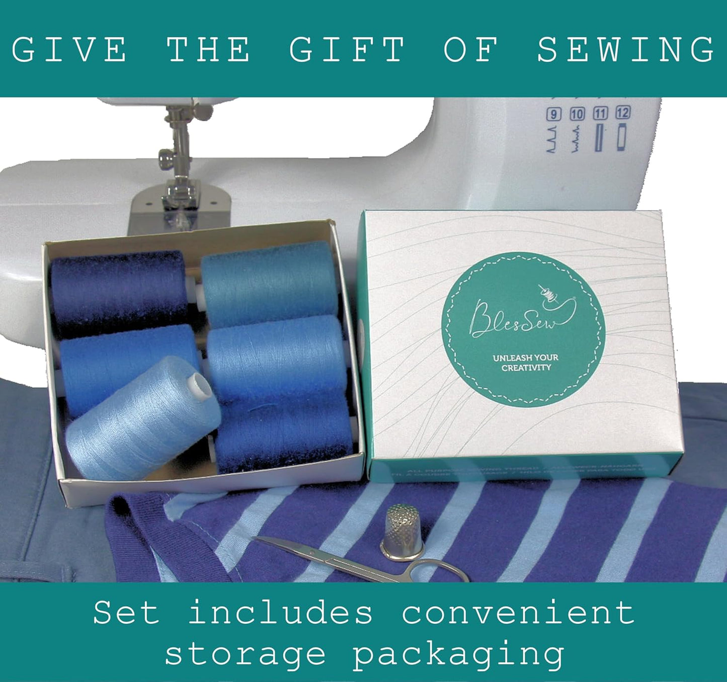 BlesSew Sewing Thread in Blue Color Tones – 6 Spools of Polyester Thread for Sewing Machine for Beginners, Hand Stitching & Quilting - 1000 yds per Spool