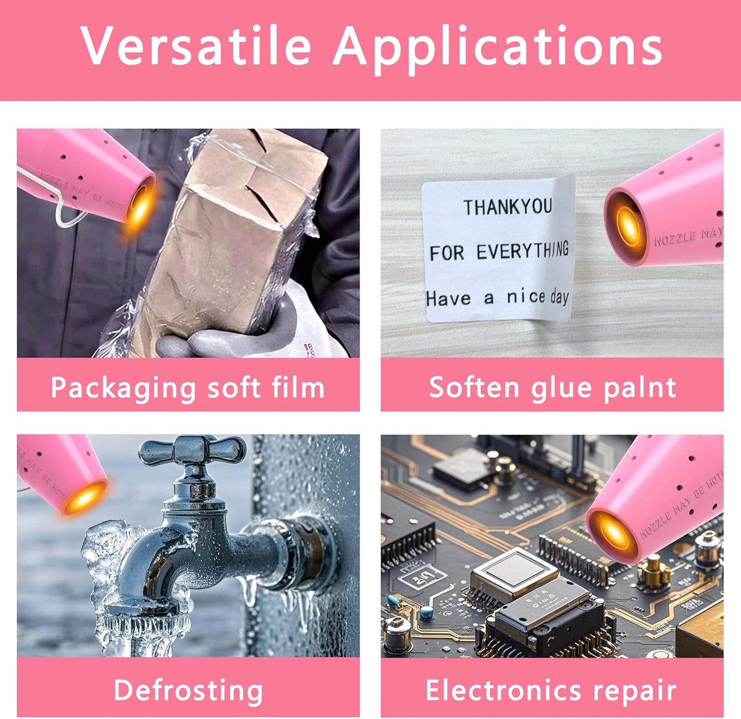 Heat Gun, Mini Heat Gun for Shrink Tubing, Portable Heat Gun for DIY Crafts, 300W Heat Air Gun with Reflector Nozzle, Shrink Wrap Gun Tool for Shrink Packaging PVC, Drying Paint, Clay - Pink