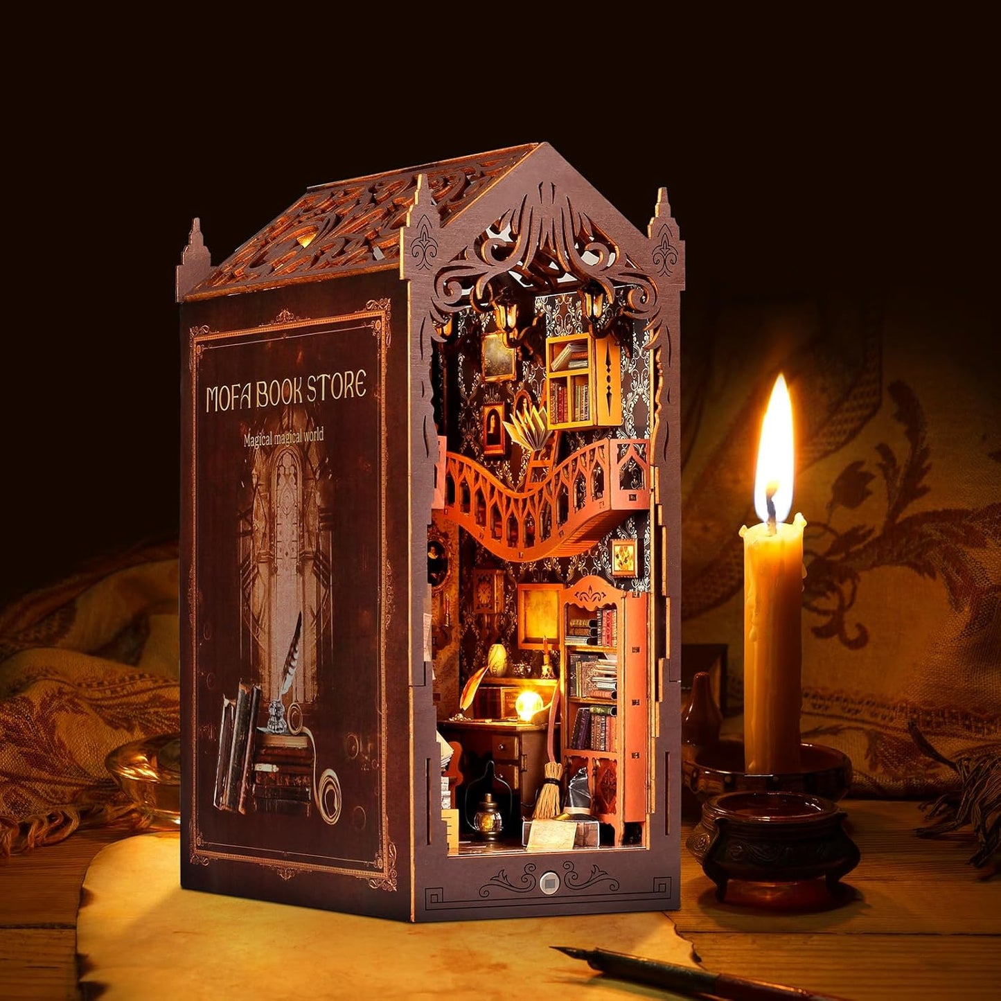 DIY Book Nook Kit, Miniature Dollhouse Bookshelf Insert with LED Light, 3D Wooden Puzzle Bookend Insert, Perfect for Teens and Adults, Magic Book