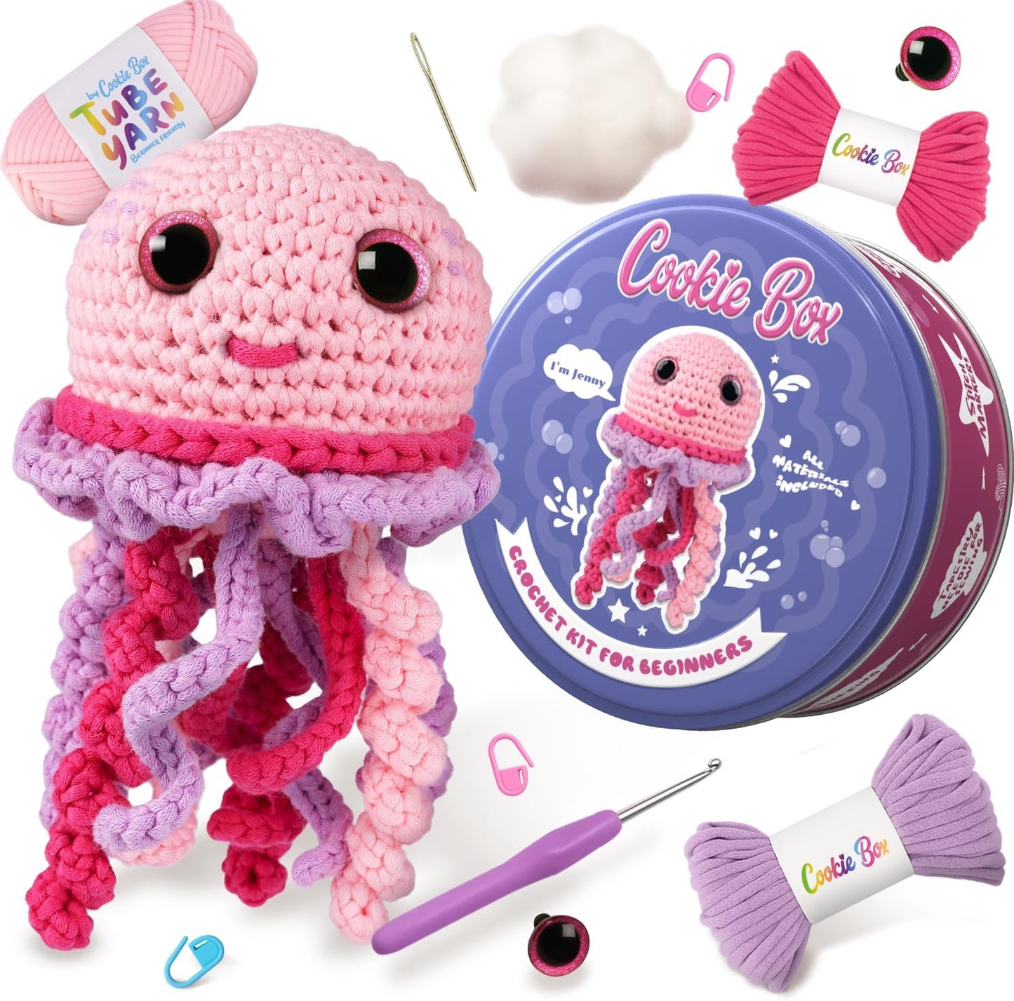 Cookie Box Crochet Kit for Beginners – Gift Set to Make Jellyfish Jenny Amigurumi Plushie – Easy DIY Crochet & Knitting Starter Kit with Video and PDF Tutorials