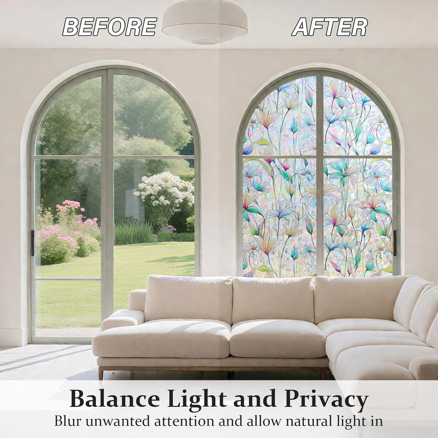 Donox Decorative Window Privacy Film, 3D Floral Stained Glass Window Film Static Cling Rainbow Privacy Sticker for Glass Door Heat Control Anti UV, No Adhesive (Magnolia,35.4 x 157.4 inches)