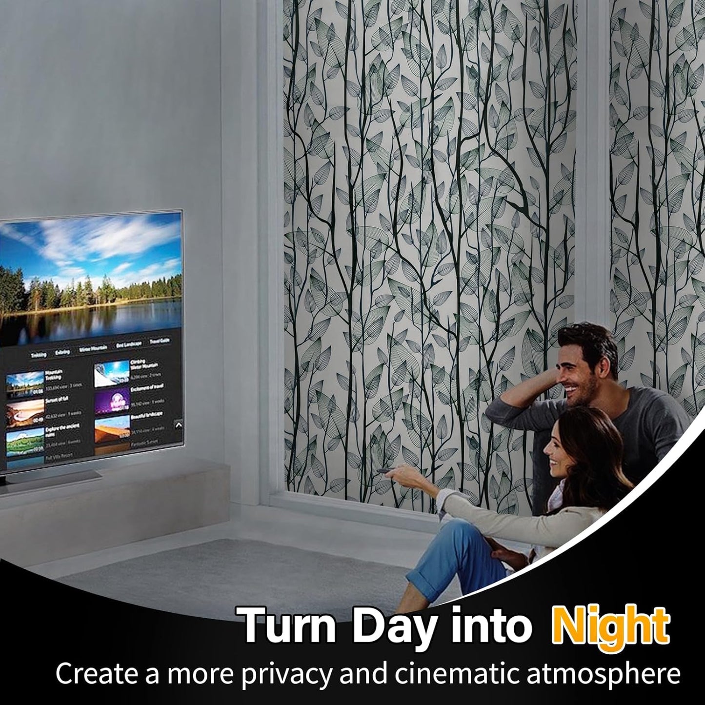 Leaf Pattern Window Tint with Installation Tools, Blackout Window Cover, Sun Blocking Window Tint for Home (Full Blackout Opaque, 17.7'' x 78.7'')