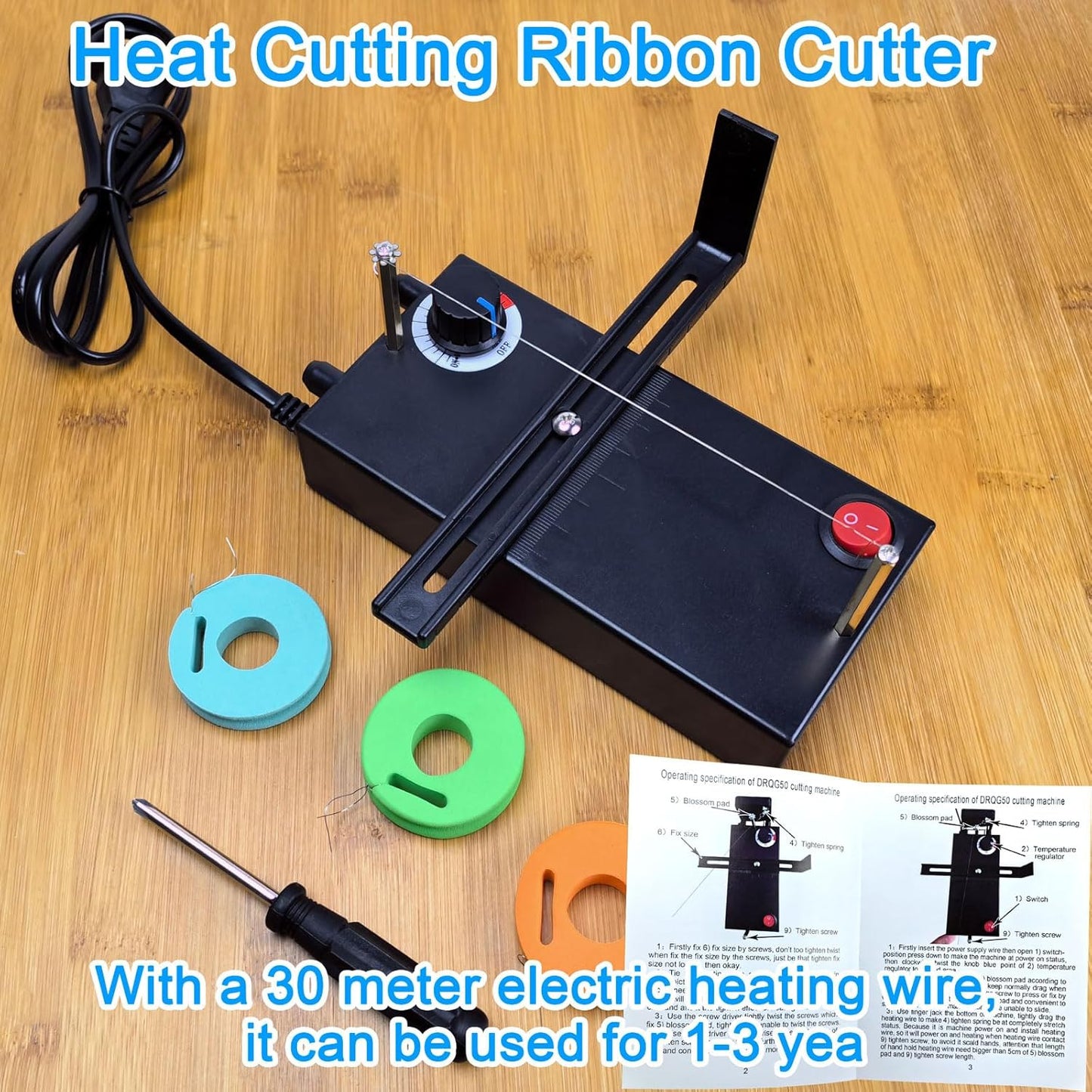 DRQG50-A Heat Cutting Ribbon Cutter, Electric Rope Cutter Thermal Supplies Portable with Screwdriver for Ribbon Braid Nylon Band Ropes Versatile Rope Ribbon Thermal Cutter with Fan