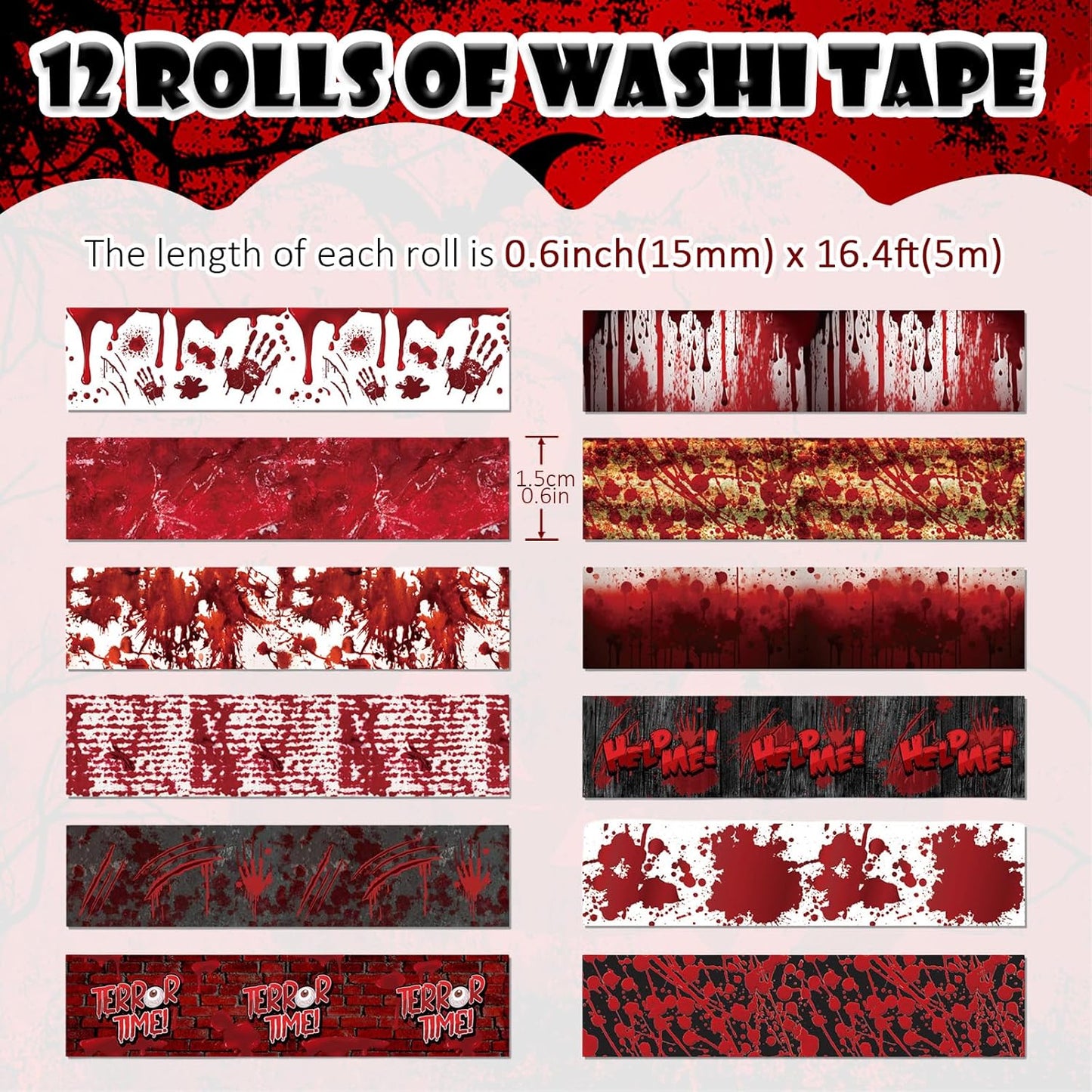 12 Rolls Halloween Washi Tape Bloody Printing Tapes Spooky Bloodstain Pattern Masking Tapes for Scrapbook Journal DIY Art Crafts Wrapping Decor 16.4FT