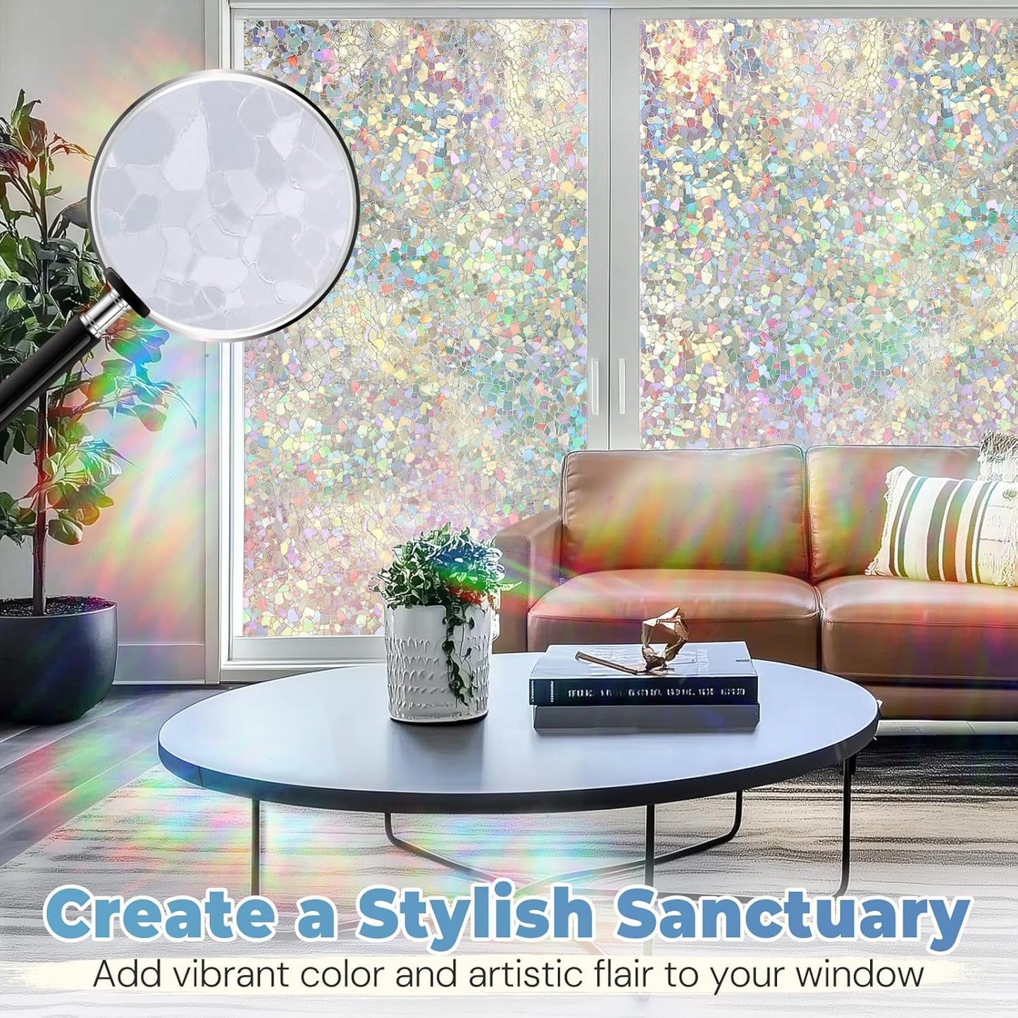 DOWELL Window Privacy Film Rainbow Film, Stained Glass Decorative Sticker, Static Cling Non-Adhesive Glass Clings, Sun Blocking Heat Control Window Coverings for Home Door, 35.4" x 118.1"