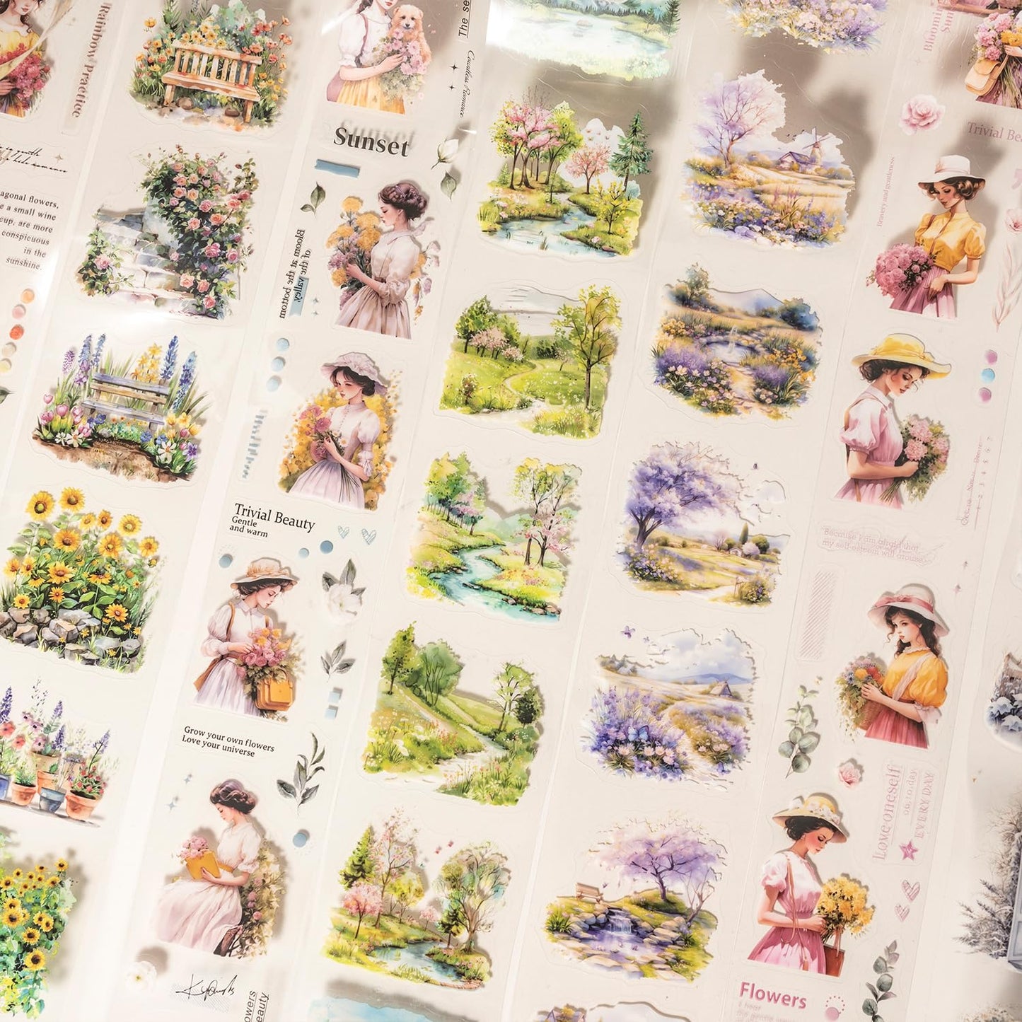 Girl and Scenic PET Tape Set, 4 Rolls Pre-Cut Adhesive Tapes for Scrapbooking, Junk Journaling, DIY Crafts, and Art Supplies