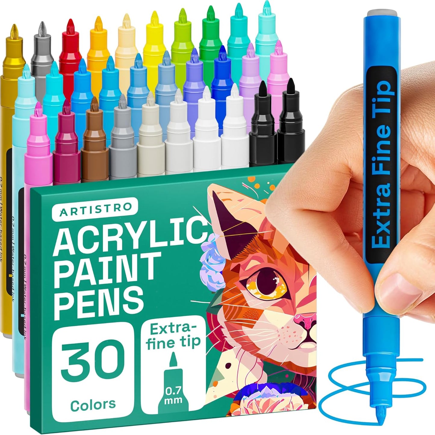 ARTISTRO 30 Acrylic Paint Pens, Art Set Acrylic Paint Markers, Fabric Markers for Textile, Canvas, Rock, Glass, Wood, Paper, DIY, for Kids and Adults, Extra Fine