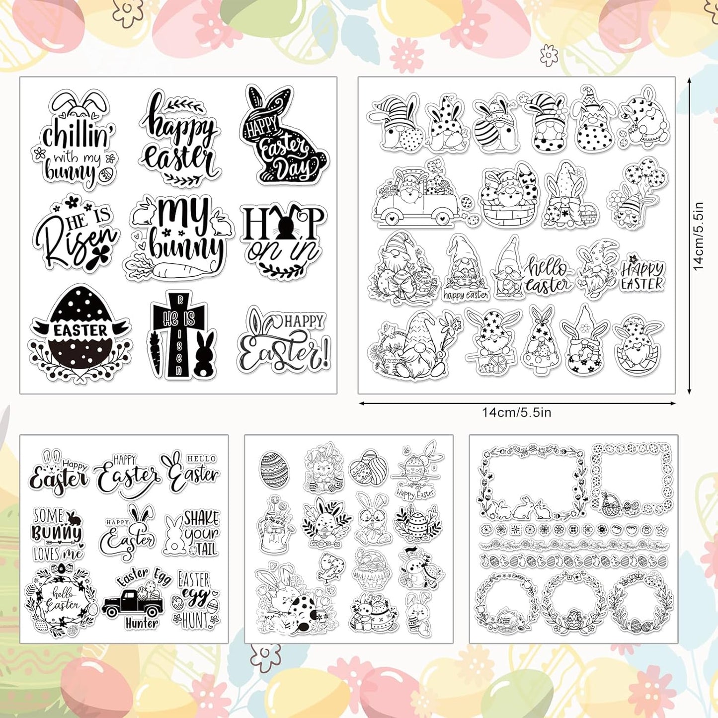Whaline 5 Sheet Easter Clear Stamps Bunny Rabbit Egg Gnome Words Silicone Transparent Stamps Border Rubber Stamp Cards for DIY Crafts Card Making Scrapbooking Album Supplies
