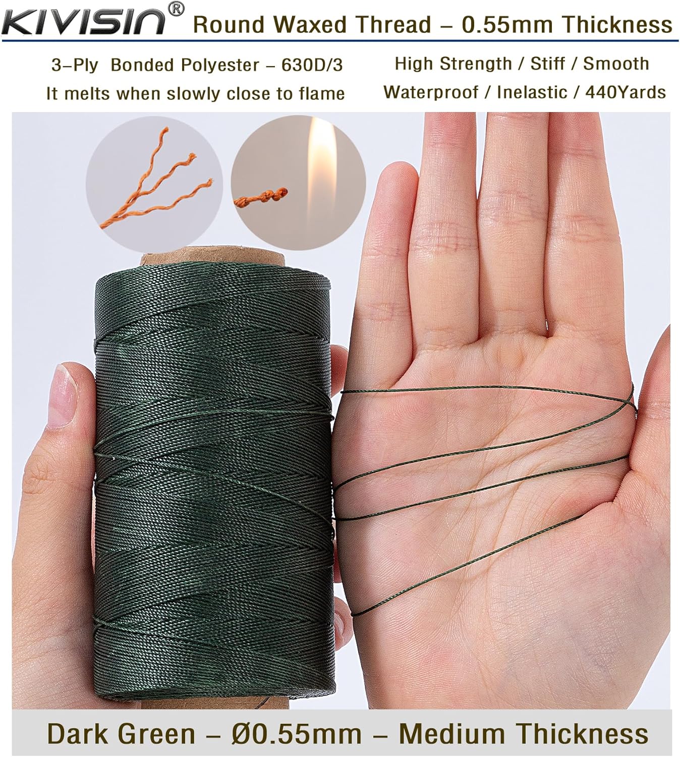 Round Waxed Polyester Thread 0.55mm, 440 Yards, Dark Green, Stiff 3 Ply Leather Wax String for Hand Sewing, Beading, Knotting, Book Binding, Upholstery, Macrame Jewelry and Bracelets Making